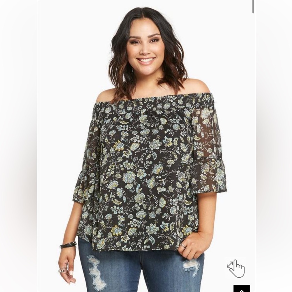 TORRID SIZE 2 2X 18-20 FLORAL PRINT CHIFFON OFF SHOULDER TOP BLOUSE WORN TWICE